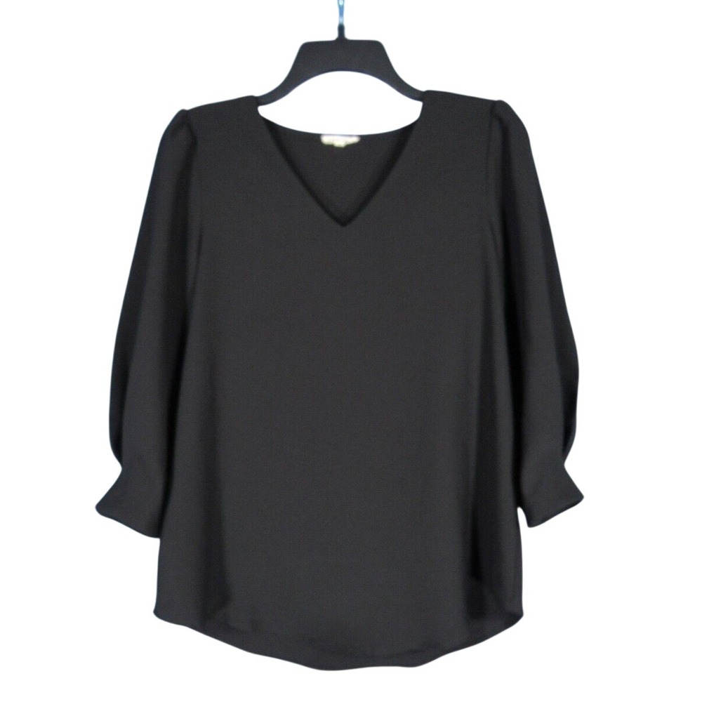 JODIFL Women's SOLID BLACK Sateen Twill V-NECK 3/4 Sleeve PULLOVER Blouse Top S